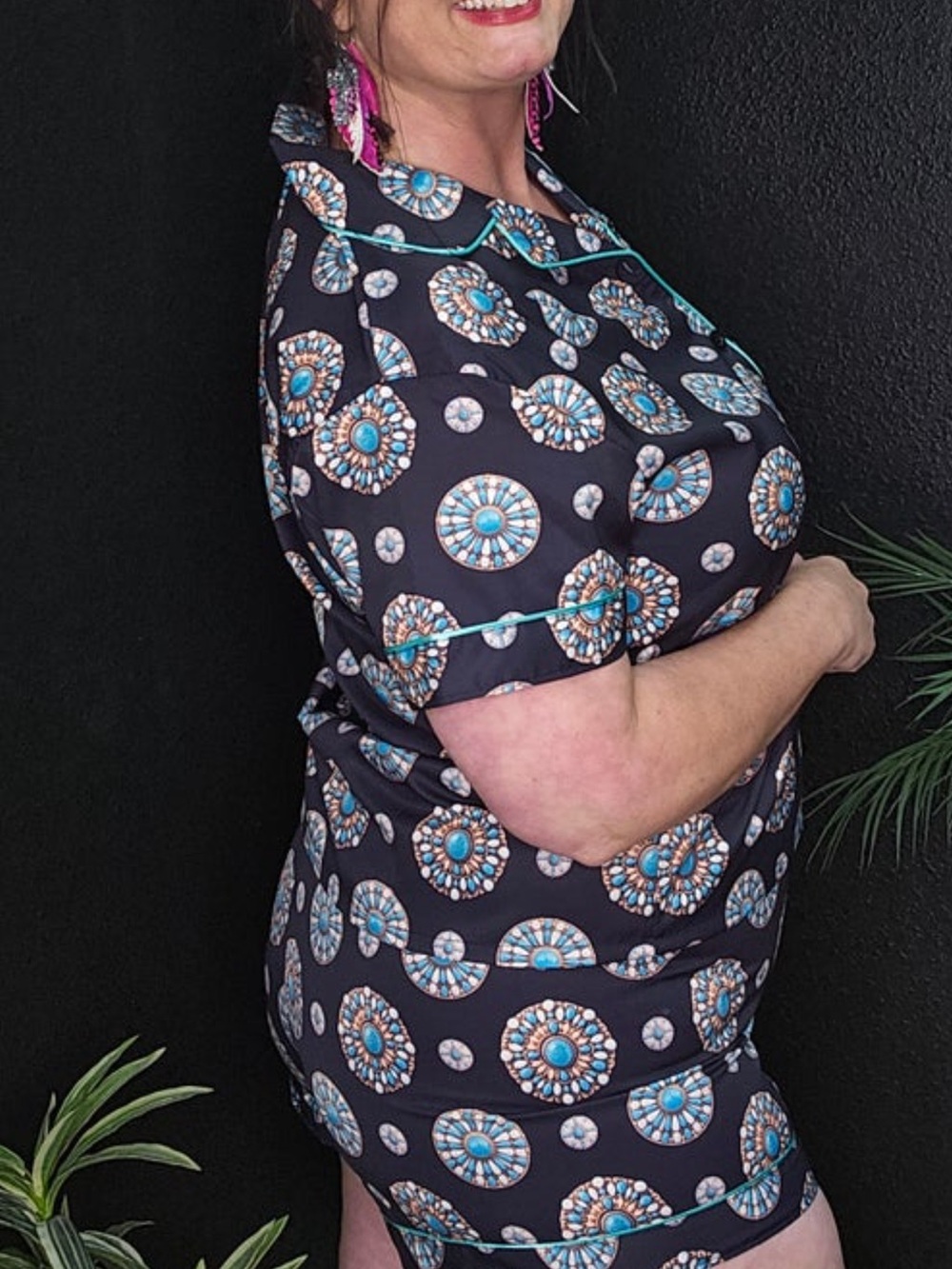 Lucky & Blessed Black Short Set with Teal and Coral Medallion Print - Picture 3 of 4
